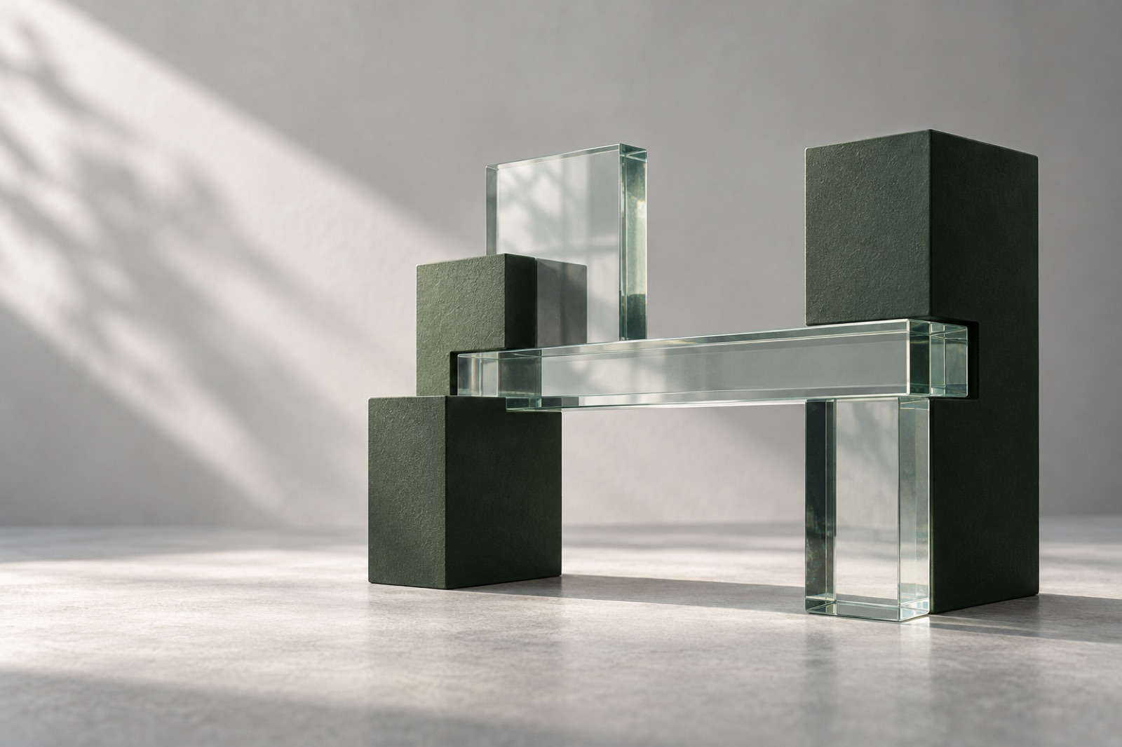 A sculptural bridge assembled from forest-green blocks and clear glass